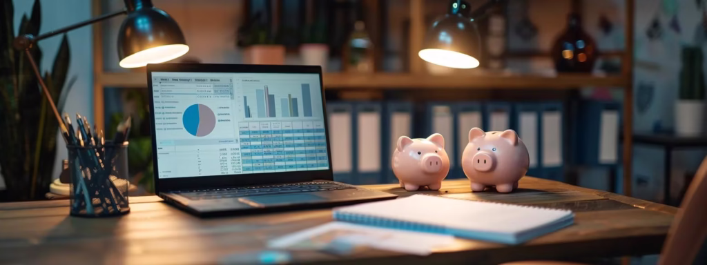 a sleek modern office desk is prominently featured with a laptop displaying a budget spreadsheet, a notepad filled with saving strategies, and a compact piggy bank, all illuminated by warm, focused task lighting that conveys a sense of organized financial planning.