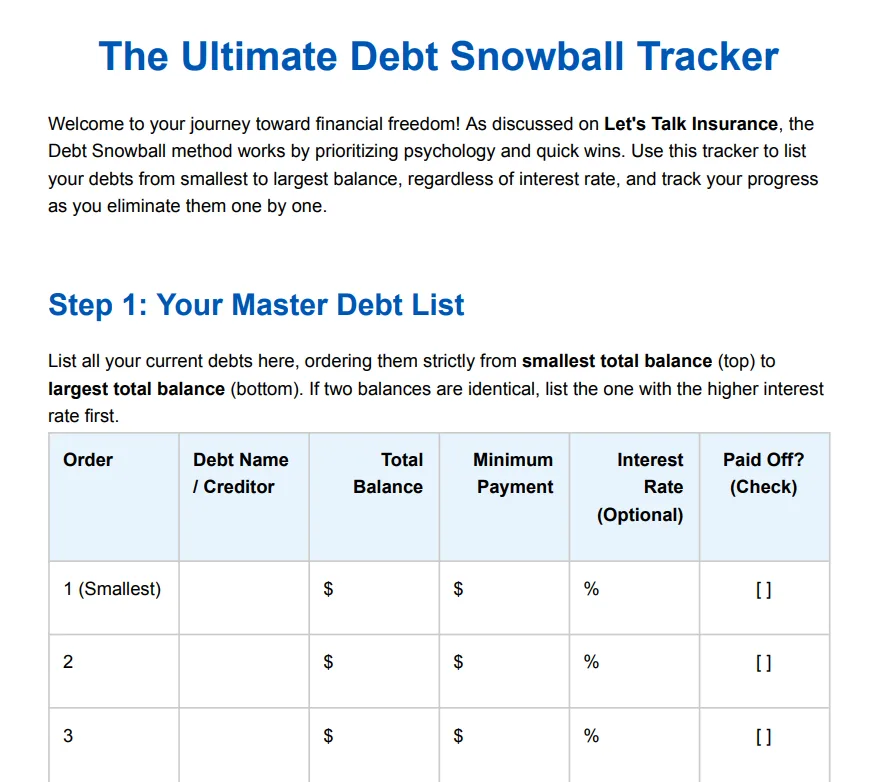 A preview of the free downloadable debt snowball tracker PDF spreadsheet.
