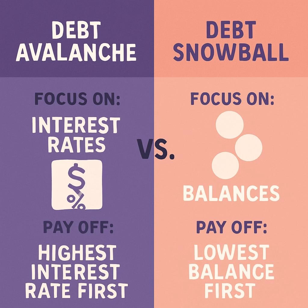 Comparison of Debt Avalanche and Debt Snowball methods highlighting their focus on interest rates vs. balances and payoff strategies.