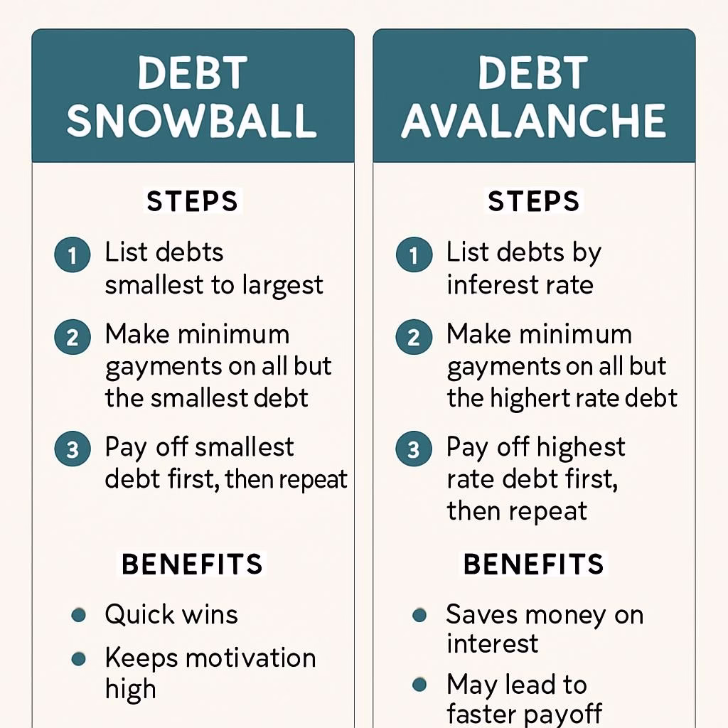 Comparison of debt snowball and debt avalanche method showing the step by step approaches