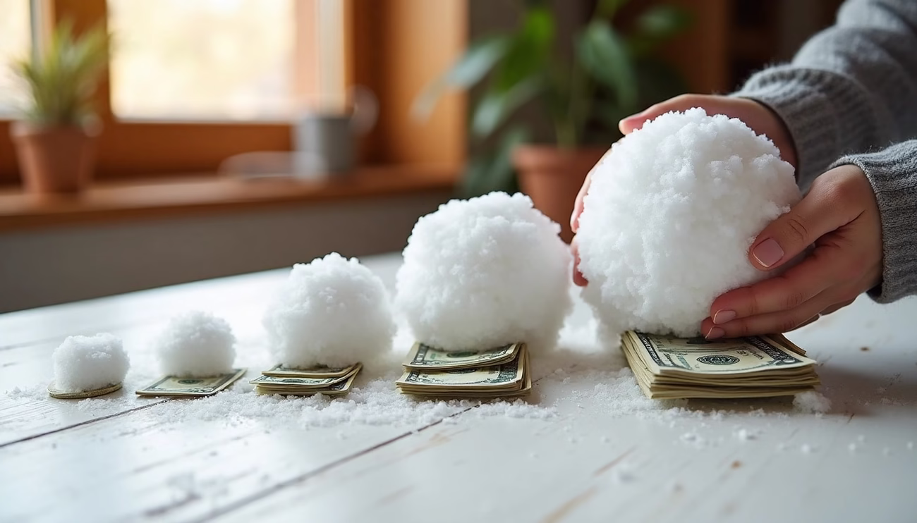 Hands rolling a large snowball over stacks of money, illustrating the snowball method for paying off debt progressively.