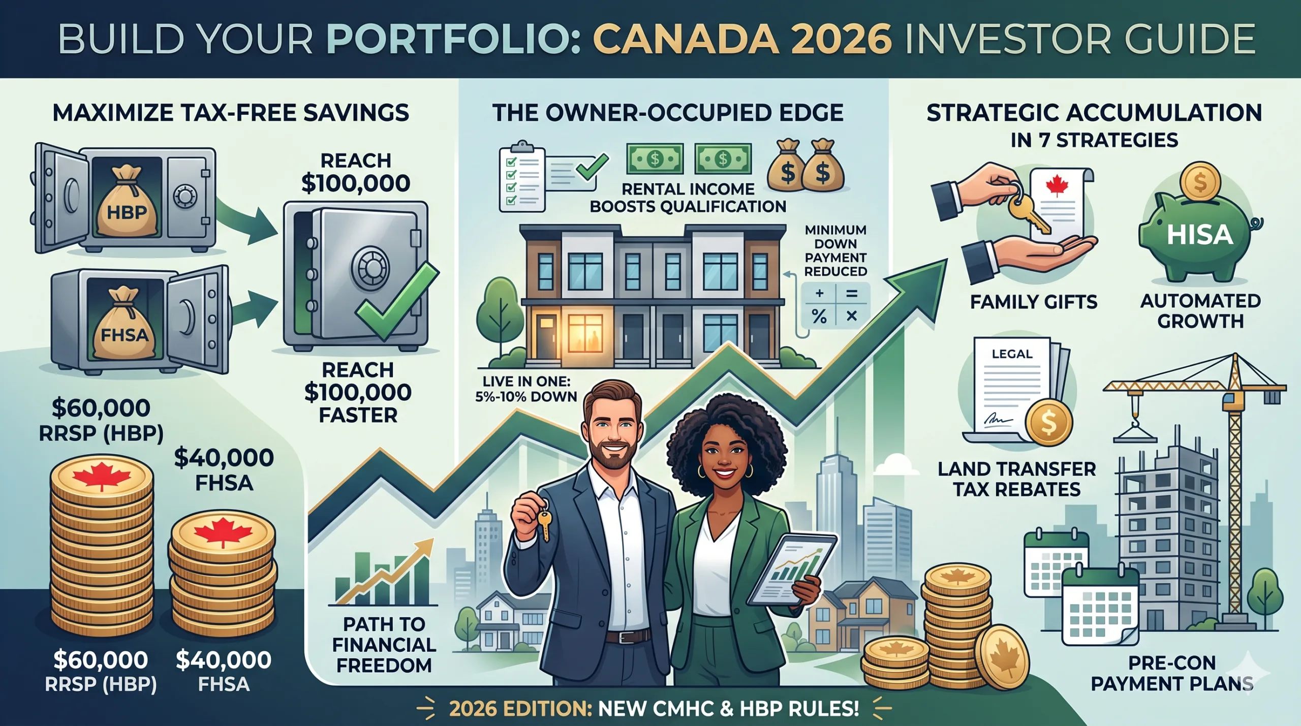 Comprehensive Canadian real estate investing infographic for 2026. It features a modern couple in front of a multiplex and highlights 7 down payment strategies: maximizing tax-free savings with a $60,000 RRSP HBP and $40,000 FHSA to reach $100,000, utilizing the owner-occupied 5% to 10% down payment multiplex edge, family gifted down payments, high-interest savings accounts (HISA), provincial land transfer tax rebates, and pre-construction payment plans.