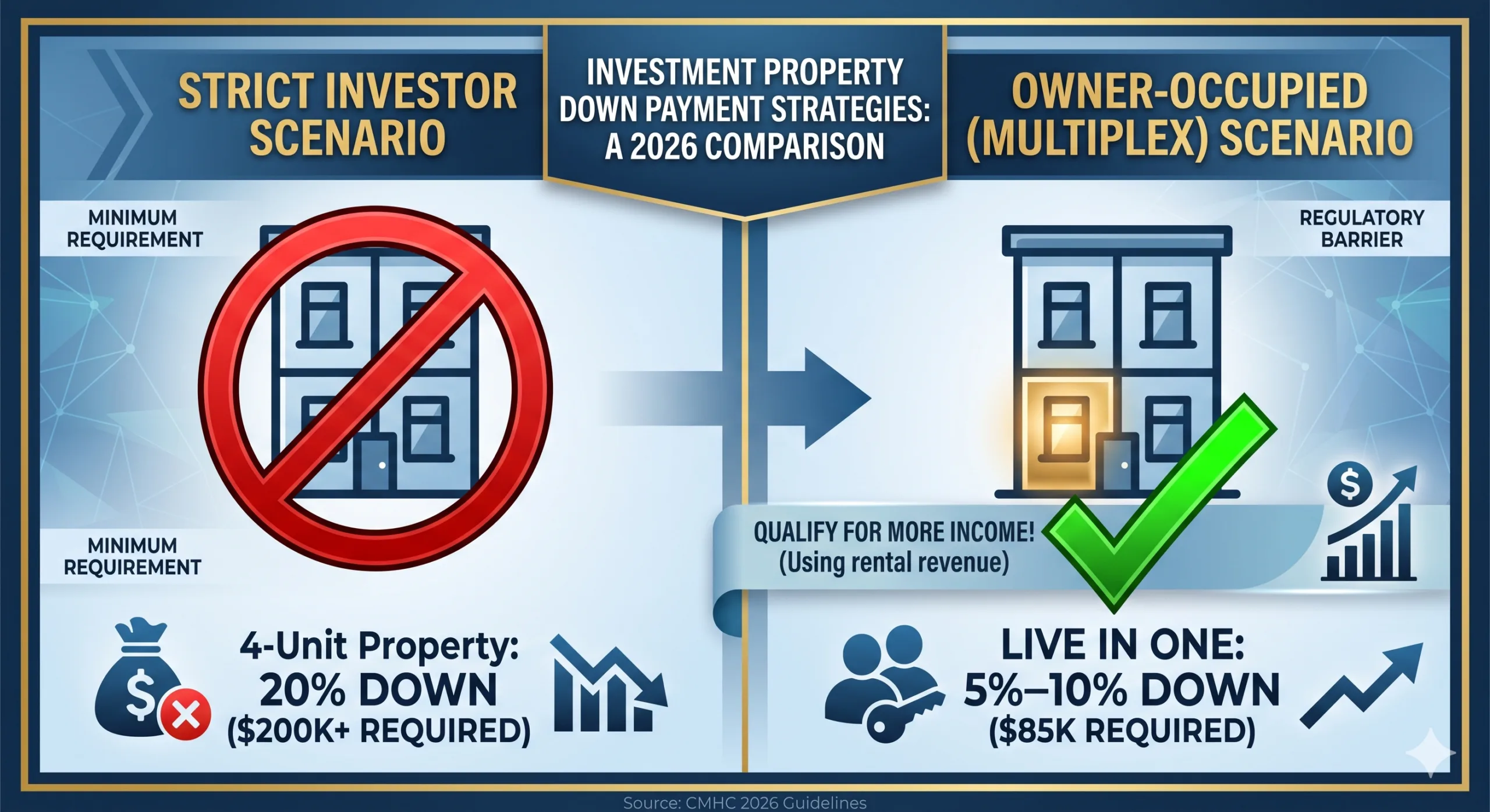 A professional comparison graphic showing two real estate investment scenarios in Canada. The left side represents a 'Strict Investor Scenario' for a 4-unit property requiring 20% down ($200,000+ required) with a red prohibition sign. The right side represents an 'Owner-Occupied (Multiplex) Scenario' with one glowing unit, a green checkmark, and labels showing 'LIVE IN ONE: 5%–10% DOWN ($85K required)' and 'Qualify for more income using rental revenue'.