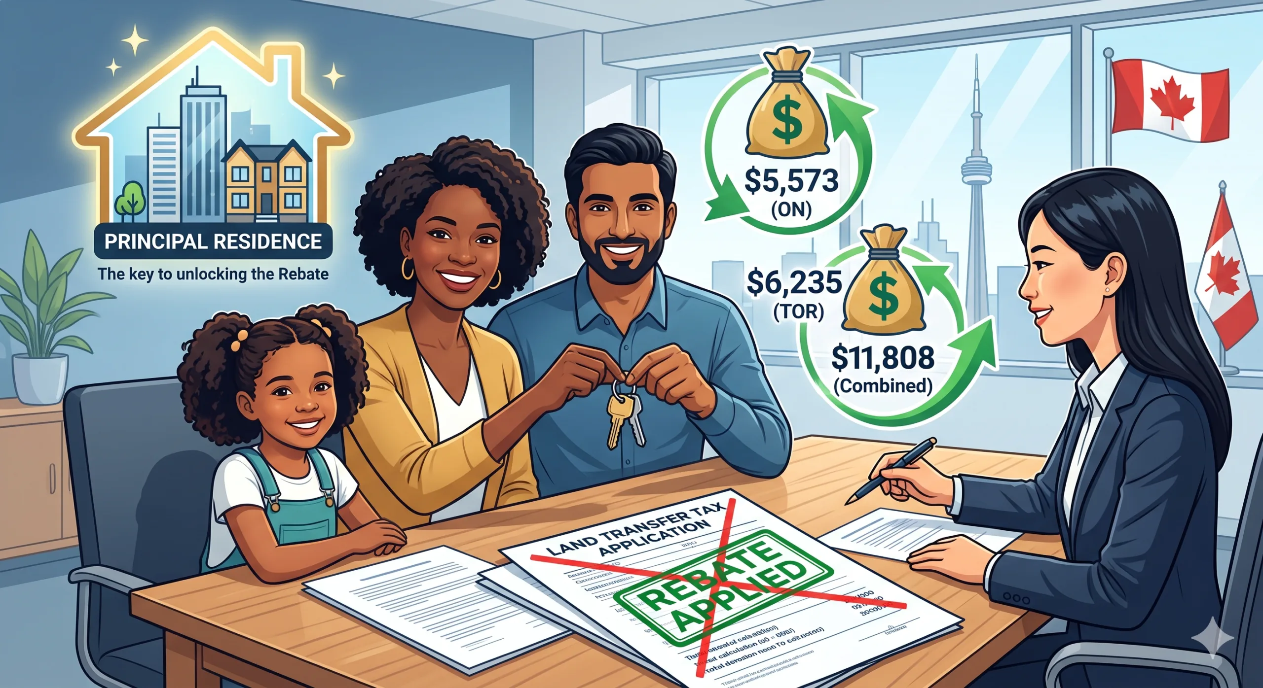 Illustration of a diverse Canadian family smiling at a real estate closing table, holding keys to their new home. On the table, a 'Land Transfer Tax Application' document is marked with a red cross and stamped with a green 'REBATE APPLIED' seal. Floating icons of money bags show savings of '$5,573 (ON)', '$6,235 (TOR)', and a total of '$11,808 (Combined)' along with a glowing house icon labeled 'Principal Residence: The key to unlocking the rebate' and a Toronto skyline in the window.