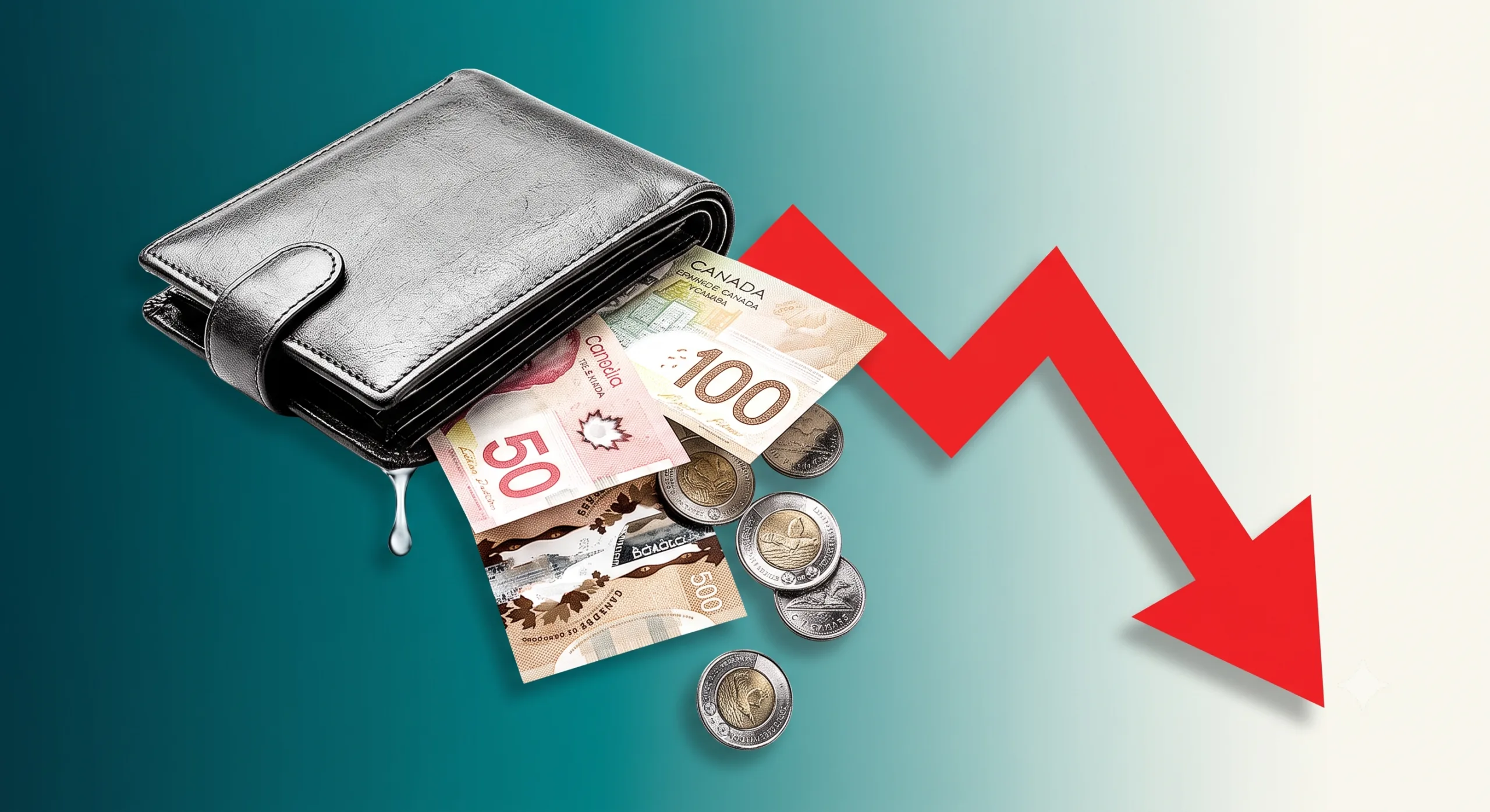bad-financial-decisions-canada-2026 Canadian bills draining from a wallet representing bad financial decisions and wealth loss