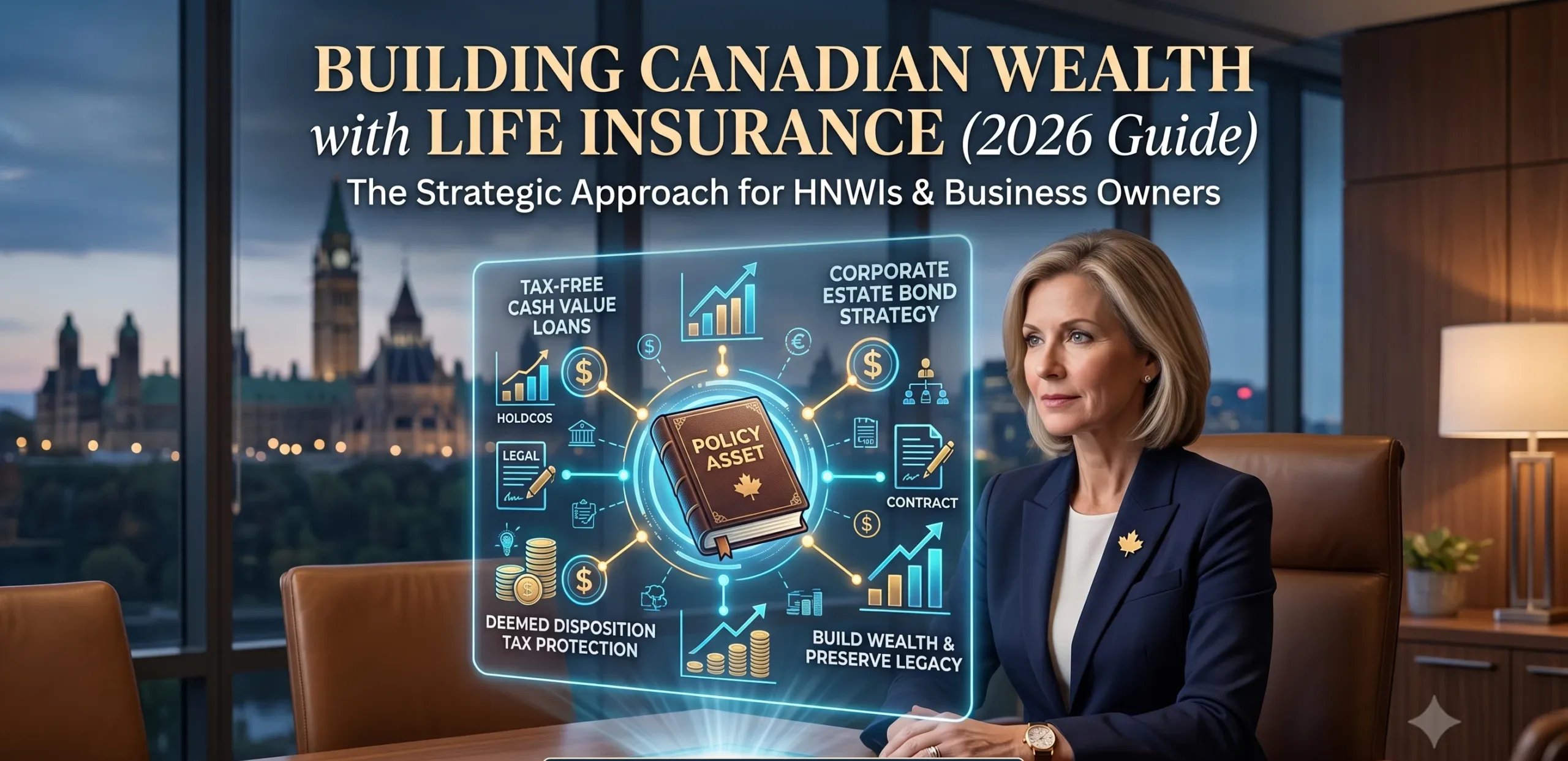 A professional woman executive in an Ottawa office looking at a holographic financial plan. Title: BUILDING CANADIAN WEALTH with LIFE INSURANCE (2026 Guide). Includes icons for tax-free loans, corporate wealth extraction, and estate protection