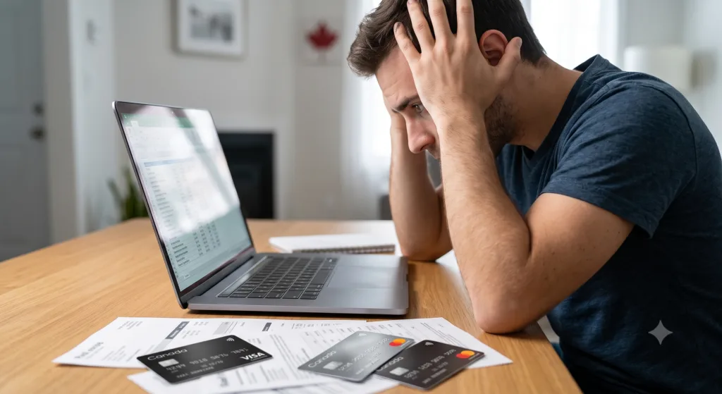 Stressed Canadian consumer looking at high-interest credit card debt on a laptop.