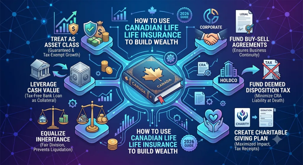 An infographic summarizing six key strategies for using life insurance to build wealth in Canada, including leveraging cash value, corporate planning, and minimizing CRA tax liability.