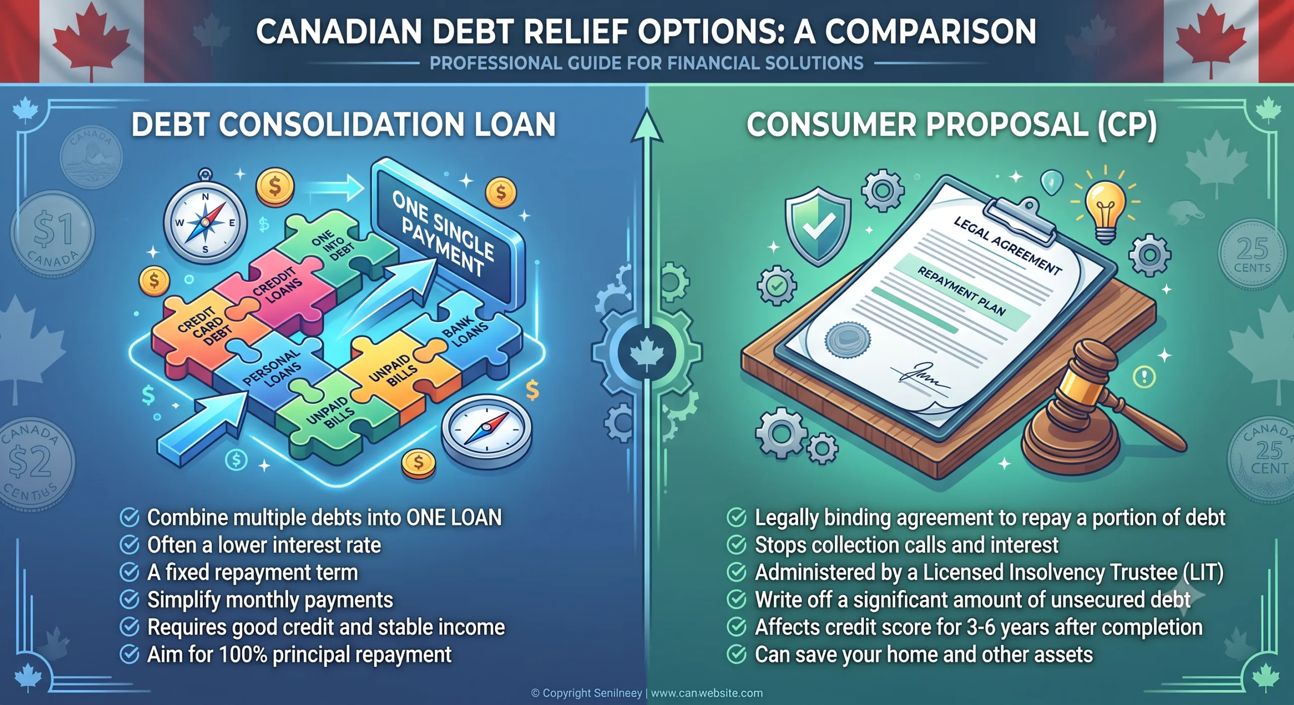 A side-by-side visual comparison of debt consolidation loans versus consumer proposals for Canadian debt relief.