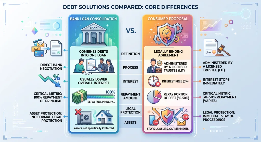 Infographic chart highlighting the differences in principal repayment, interest rates, and credit impact between debt consolidation and consumer proposals.