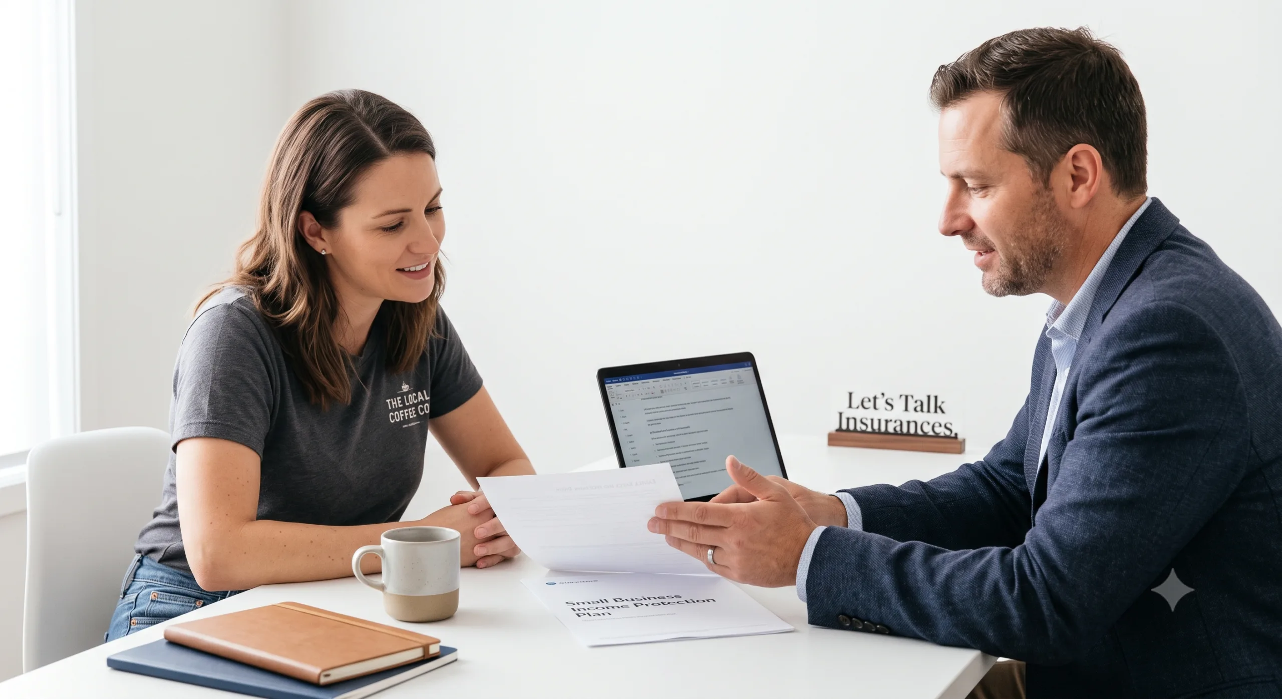 Small Business Owner Securing Income Protection Plan – Let’s Talk Insurances A reassured small business owner in Ontario reviews an income protection plan and disability insurance options with an insurance advisor.