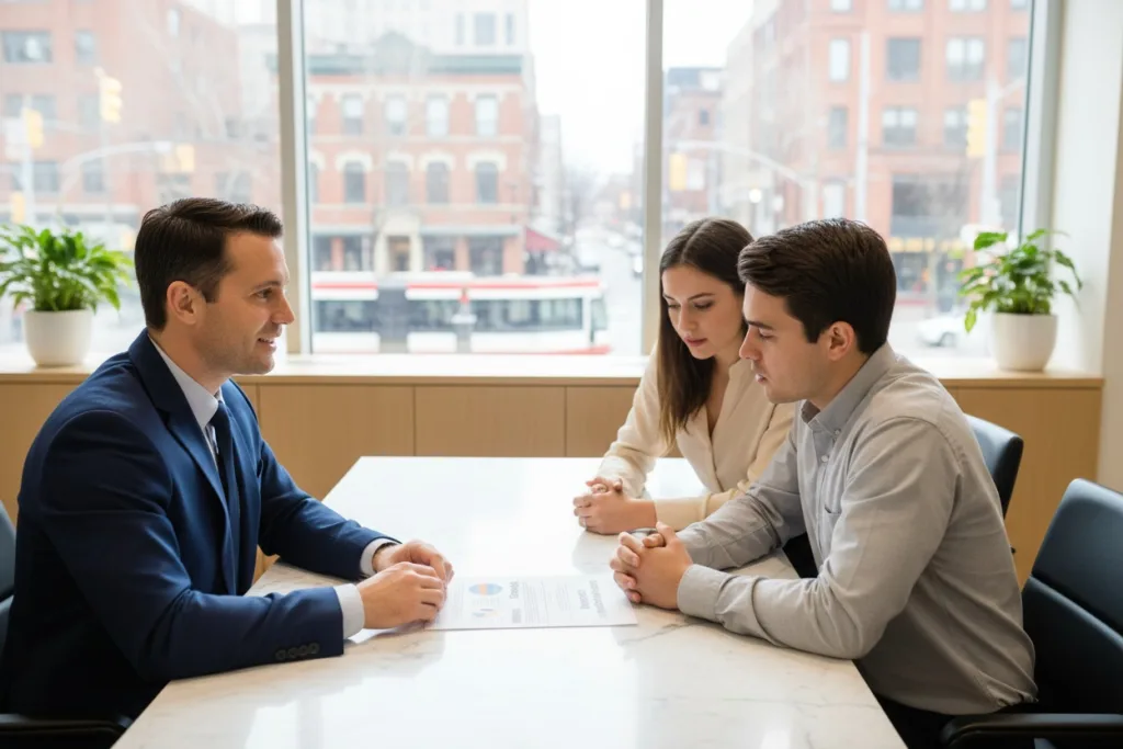 A professional financial consultant in Ontario explaining auto insurance coverage and income protection options to a young couple in a modern office.