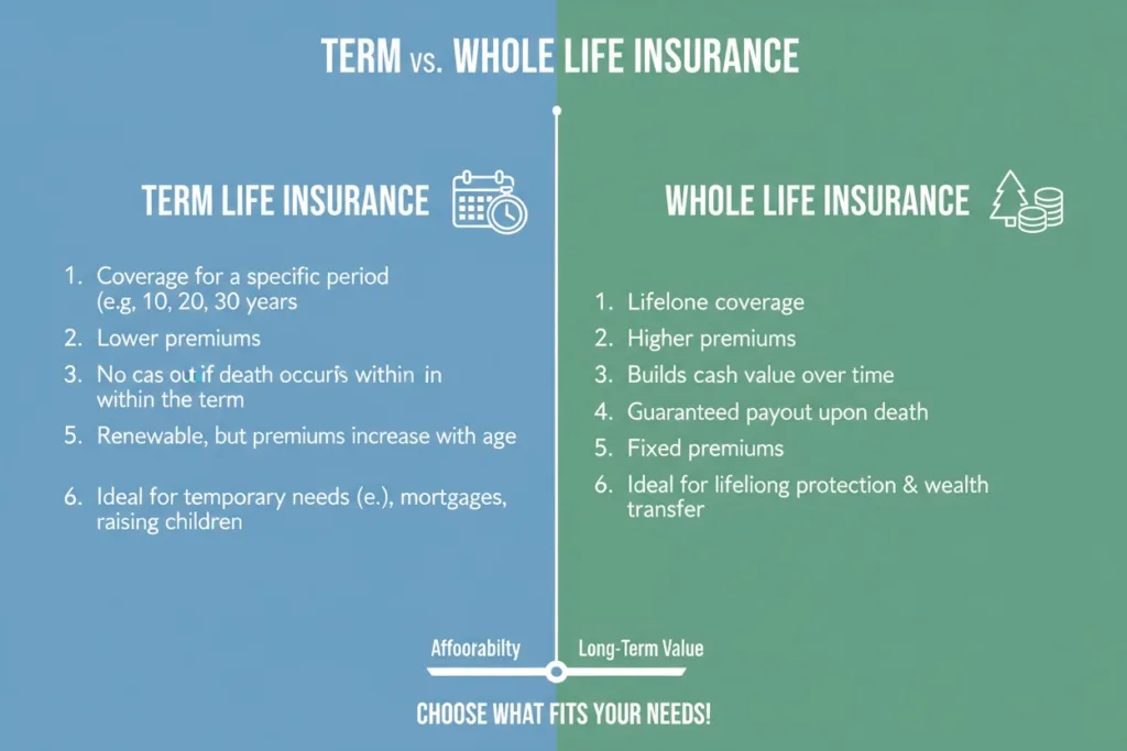 A side-by-side infographic comparing Term vs Whole Life Insurance features, highlighting the balance between initial affordability and long-term wealth value
