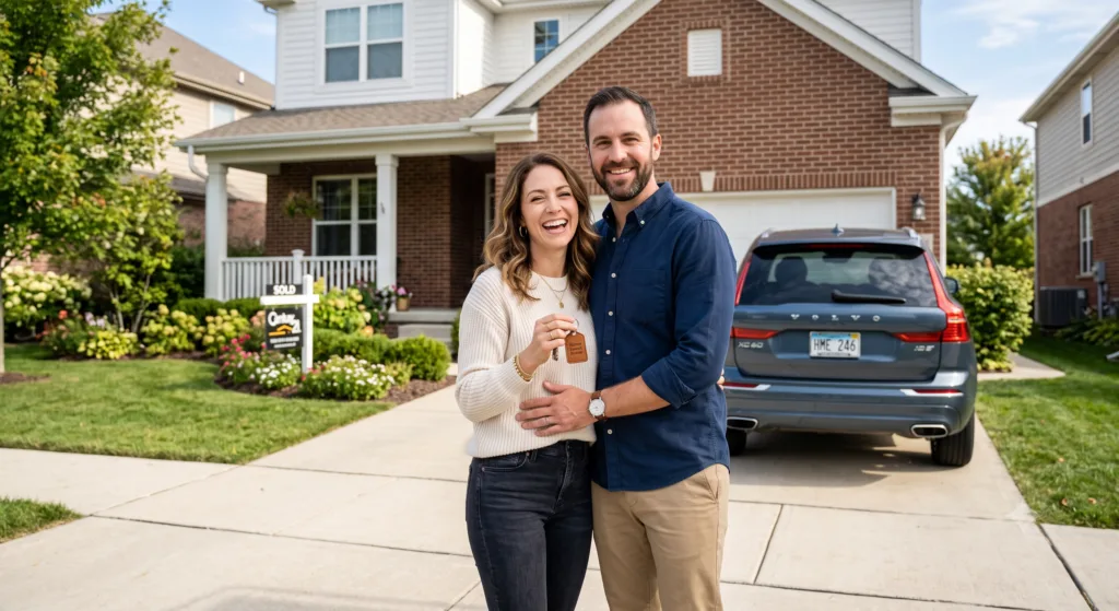A happy Canadian homeowner standing in front of their house and car, representing assets protected during a consumer proposal.