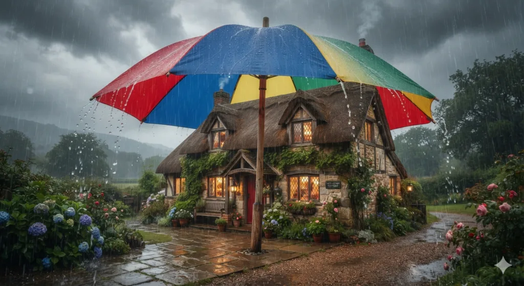 An umbrella shielding a house representing the importance of life insurance for homeowners