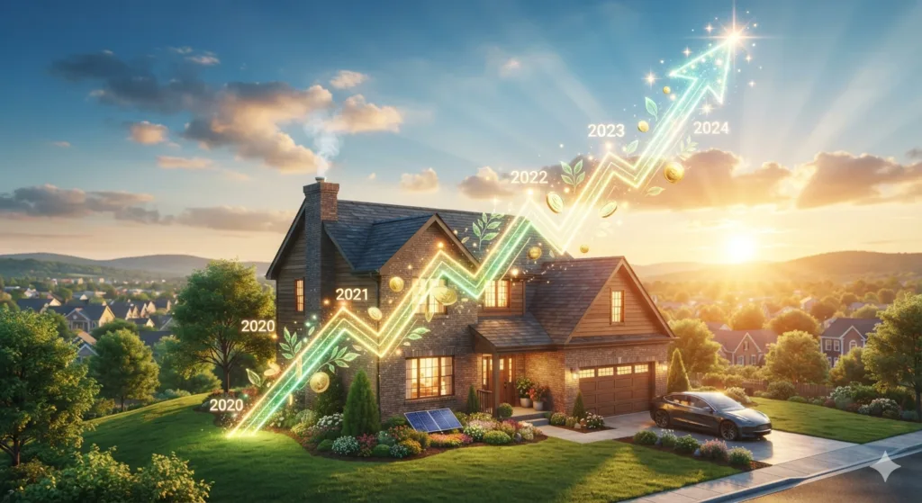 Illustration showing upward financial growth and compounding wealth from real estate investments.