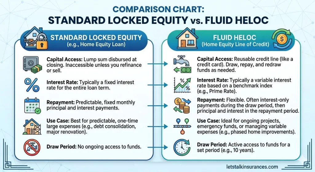 Chart comparing a standard locked mortgage to a fluid re-advanceable mortgage with a HELOC